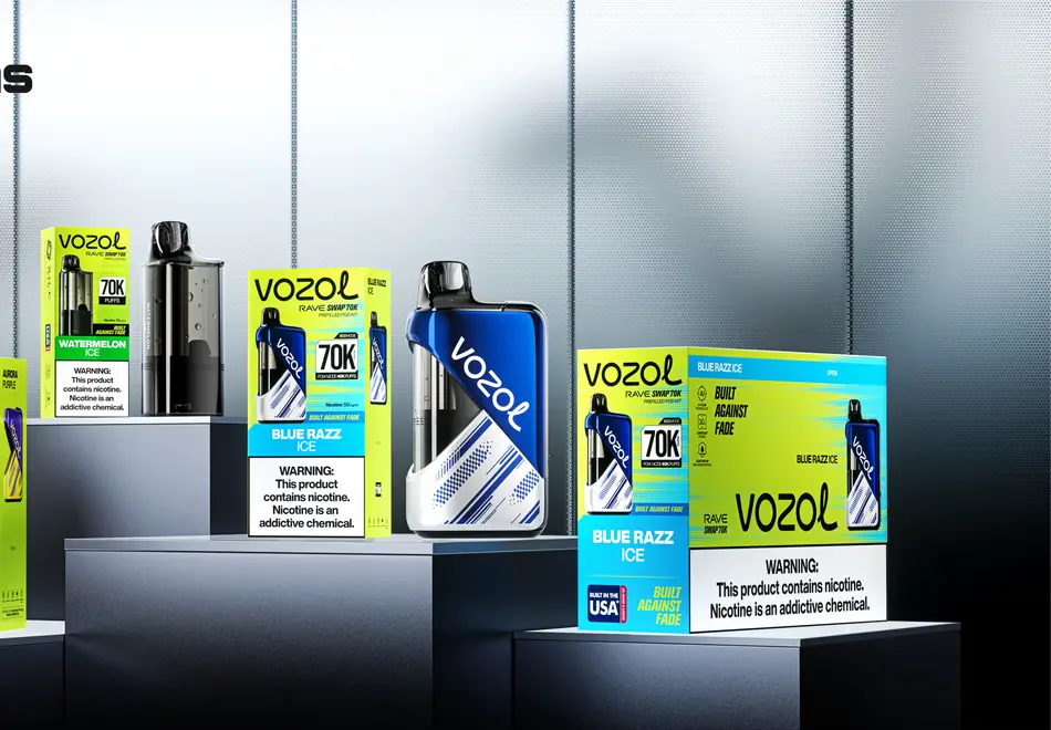 VOZOL Rave Swap 70K devices and retail packaging across several flavors