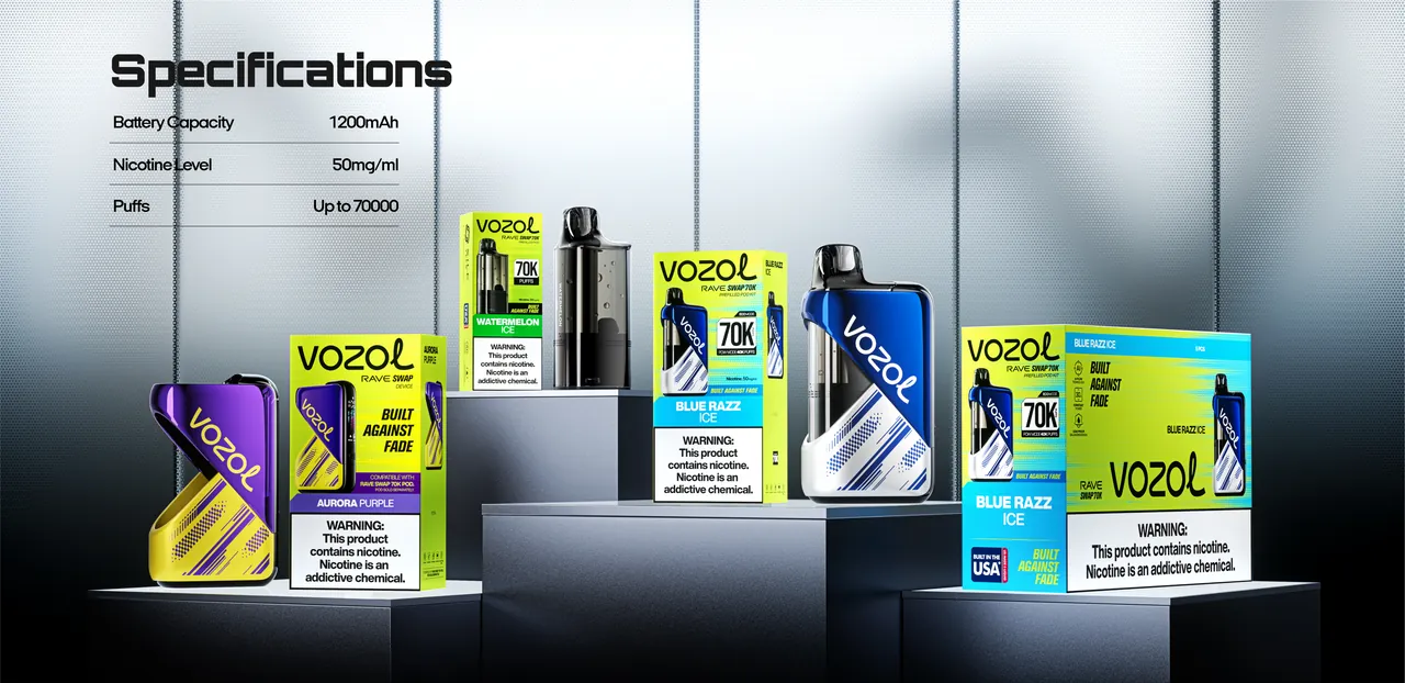 VOZOL Rave Swap 70K specifications and retail packaging: 1200mAh battery, 50mg/ml nicotine, up to 70,000 puffs