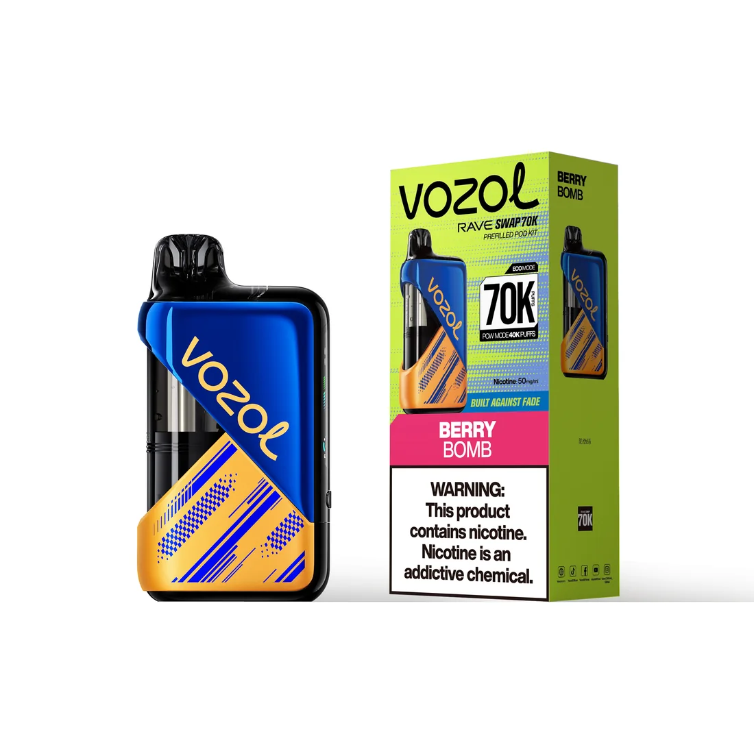 VOZOL Rave Swap 70K kit in Berry Bomb, device beside its retail box