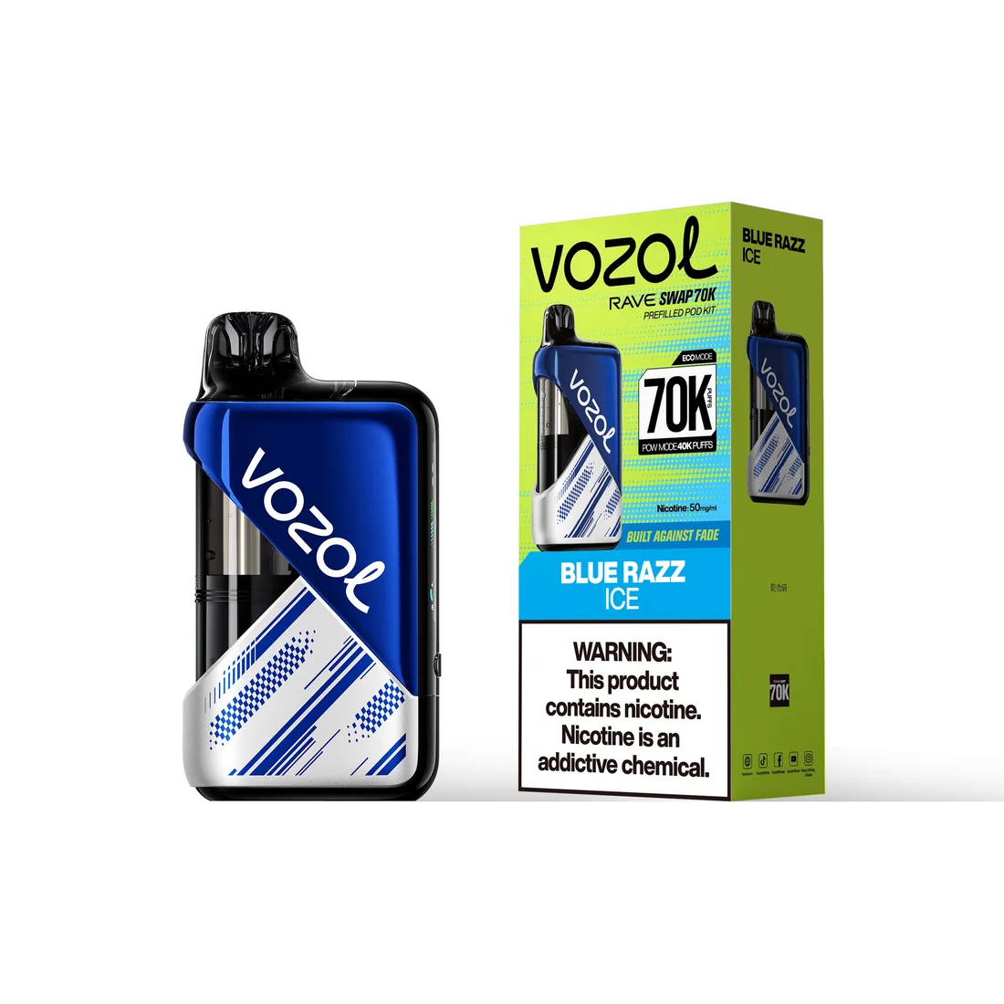 VOZOL Rave Swap 70K kit in Blue Razz Ice, device beside its retail box