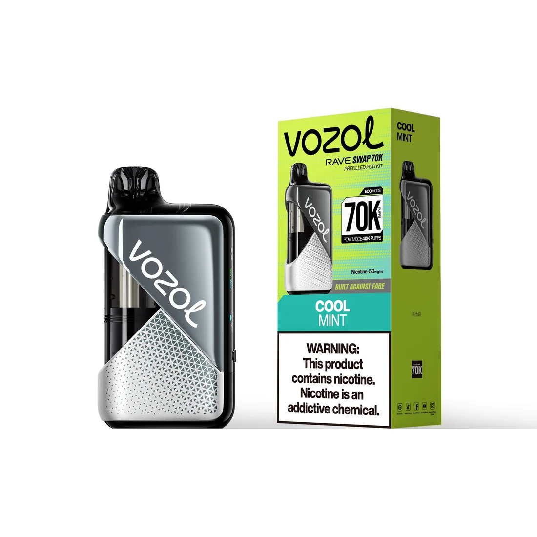 VOZOL Rave Swap 70K kit in Cool Mint, device beside its retail box