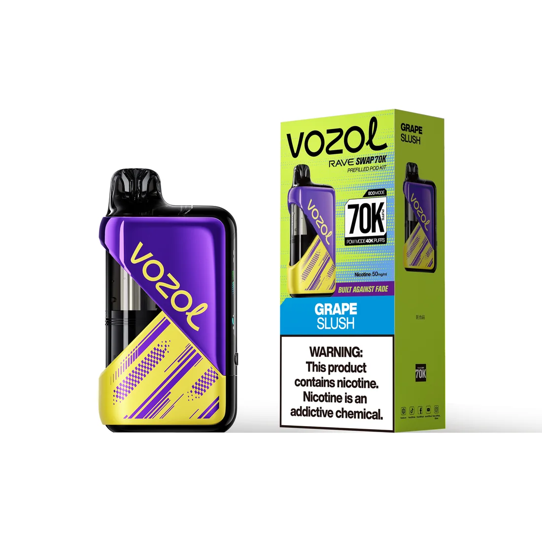 VOZOL Rave Swap 70K kit in Grape Slush, device beside its retail box