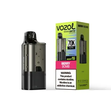 VOZOL Rave Swap 70K replacement pod in Berry Bomb, pod beside its retail box