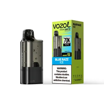 VOZOL Rave Swap 70K replacement pod in Blue Razz Ice, pod beside its retail box