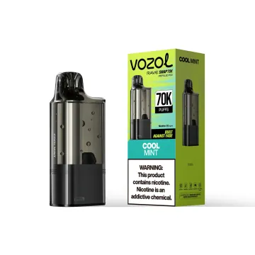 VOZOL Rave Swap 70K replacement pod in Cool Mint, pod beside its retail box