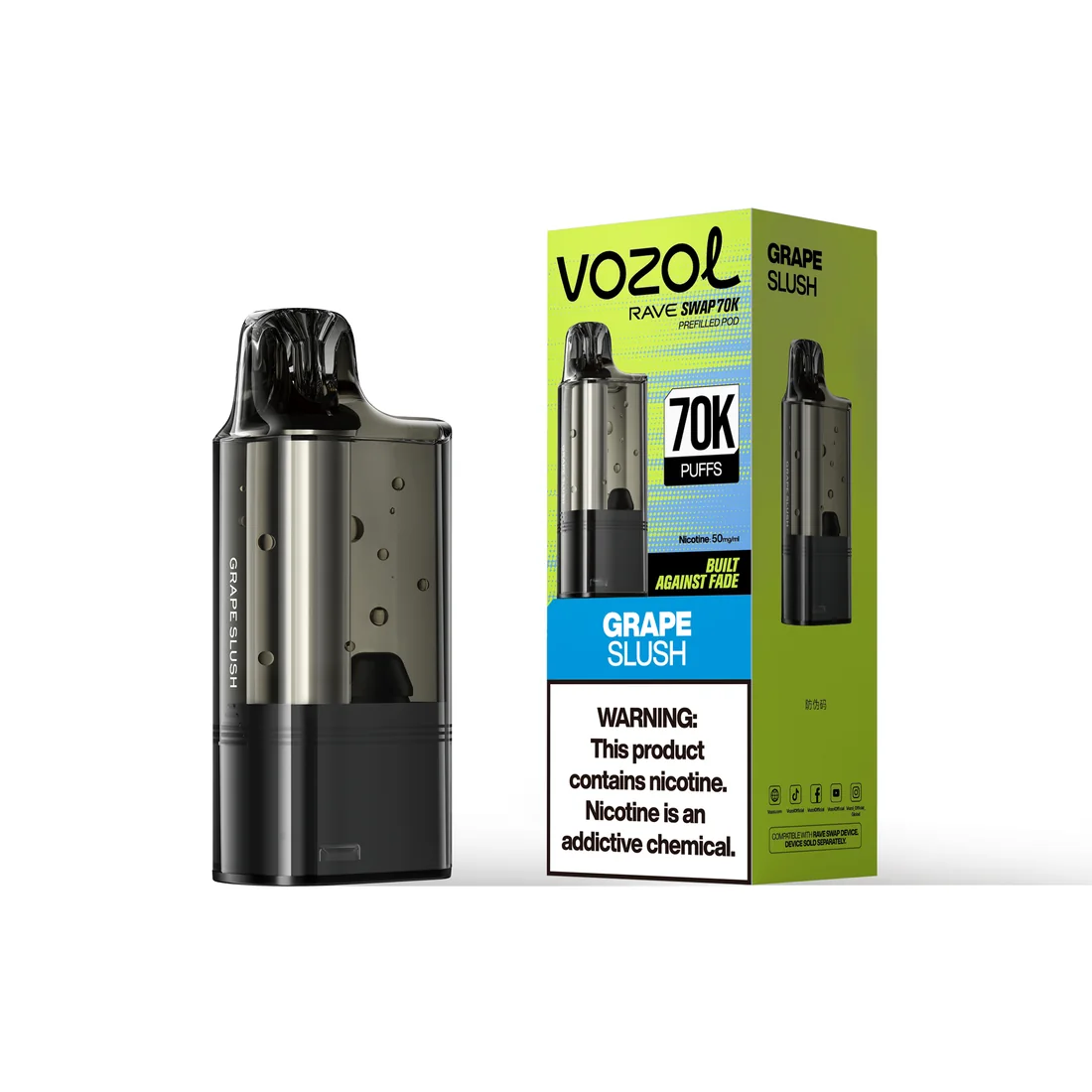 VOZOL Rave Swap 70K replacement pod in Grape Slush, pod beside its retail box