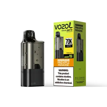 VOZOL Rave Swap 70K replacement pod in Hawaiian Pineapple Paradise, pod beside its retail box