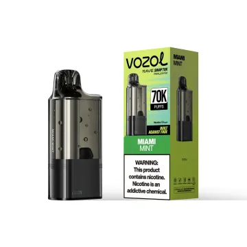 VOZOL Rave Swap 70K replacement pod in Miami Mint, pod beside its retail box