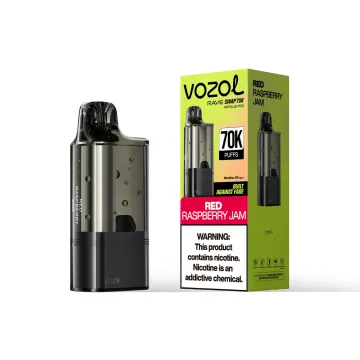 VOZOL Rave Swap 70K replacement pod in Red Raspberry Jam, pod beside its retail box