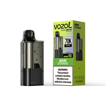 VOZOL Rave Swap 70K replacement pod in Sour Straws, pod beside its retail box