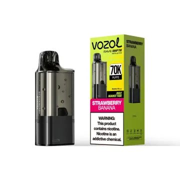 VOZOL Rave Swap 70K replacement pod in Strawberry Banana, pod beside its retail box