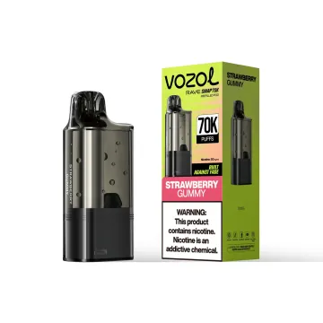 VOZOL Rave Swap 70K replacement pod in Strawberry Gummy, pod beside its retail box